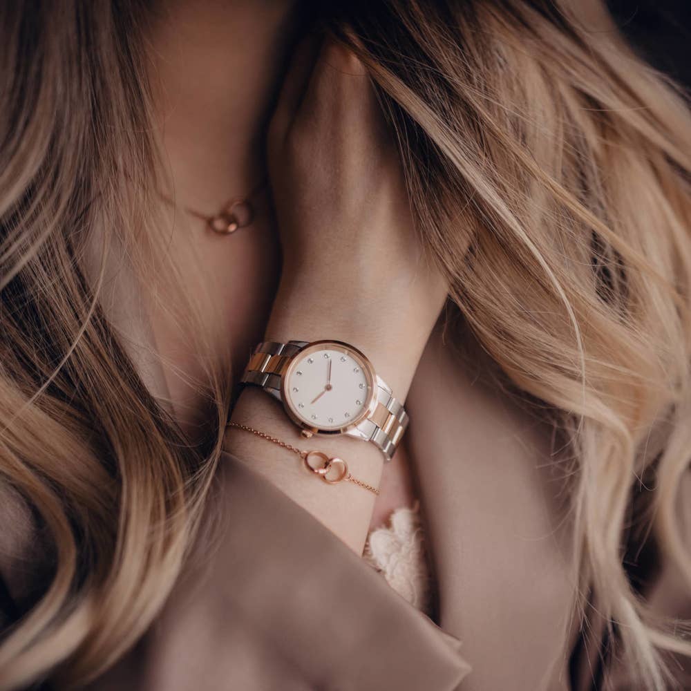 Model Wearing a Watch, Necklace, and Bracelet